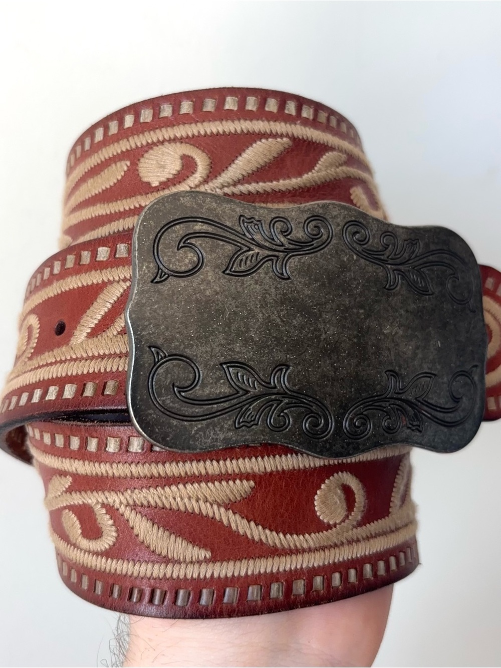 Vintage Ralph Lauren Embroidered Western Belt Size L Silver Buckle Leather